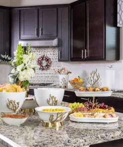 Inspire Me! Home Decor White Ceramic Two Tier Cake Stand With Gold Textured Details