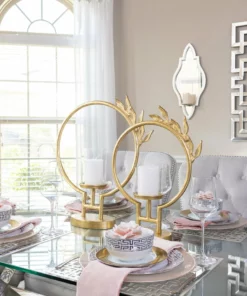 Inspire Me! Home Decor Golden Circle Leaf Design Hurricane Candle Holder (2 Sizes) " From Pops Of Color Home Collection"