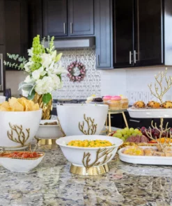 Inspire Me! Home Decor White Ceramic Bowl With Gold Textured Details On Gold Base
