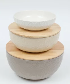 Inspire Me! Home Decor Set Of 3 Ceramic Bowls With 2 Wood Lids