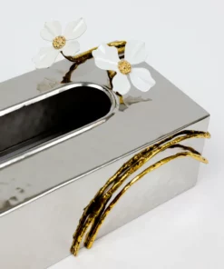 Inspire Me! Home Decor Silver Tissue Box Cover With White Jeweled Flower Details