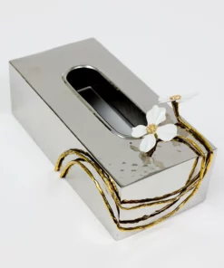 Inspire Me! Home Decor Silver Tissue Box Cover With White Jeweled Flower Details