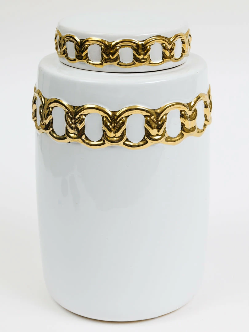Inspire Me! Home Decor Jars White Ceramic Lidded Jar With Stunning Gold Chain Details (3 Sizes) 5 Inspire Me! Home Decor Jars White Ceramic Lidded Jar With Stunning Gold Chain Details (3 Sizes)