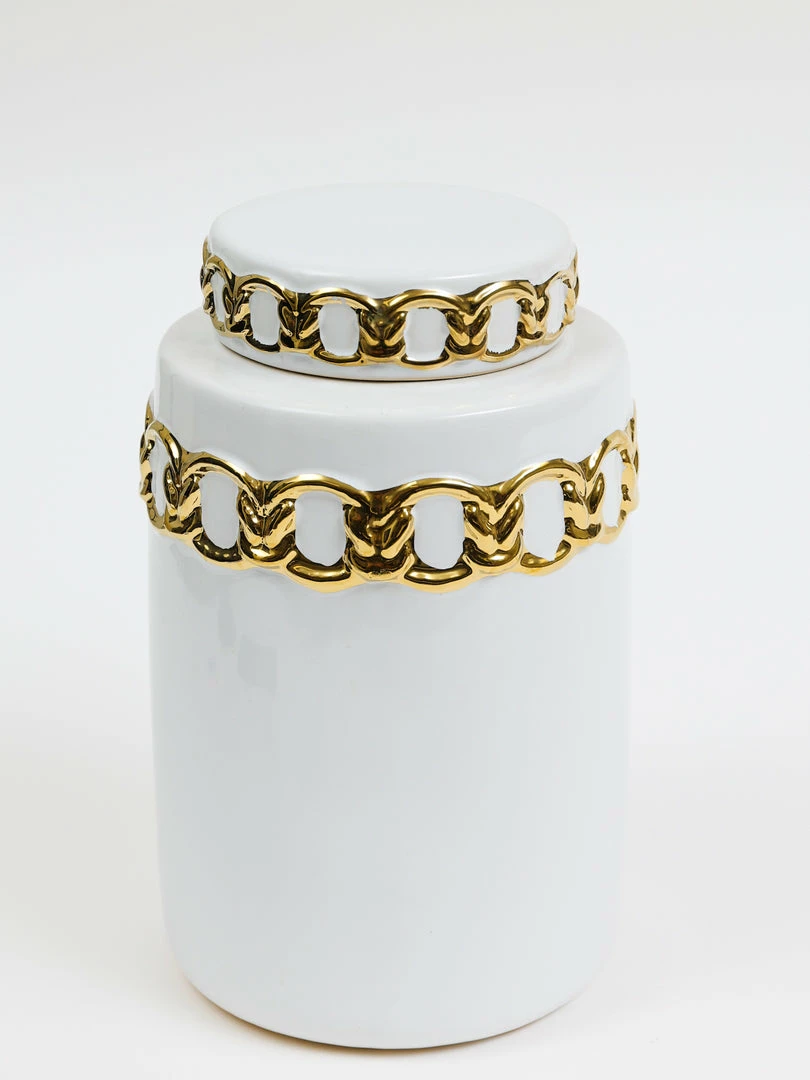 Inspire Me! Home Decor Jars White Ceramic Lidded Jar With Stunning Gold Chain Details (3 Sizes) 6 Inspire Me! Home Decor Jars White Ceramic Lidded Jar With Stunning Gold Chain Details (3 Sizes)