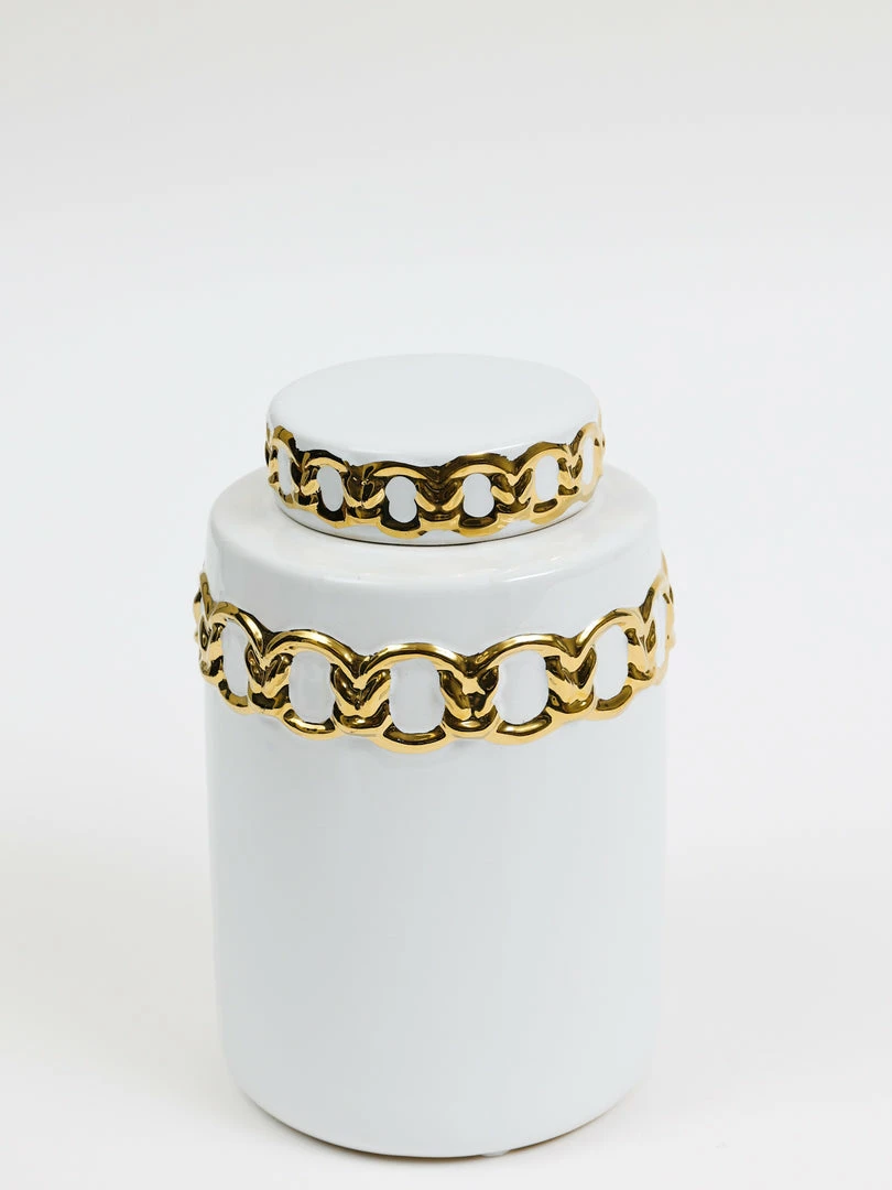 Inspire Me! Home Decor Jars White Ceramic Lidded Jar With Stunning Gold Chain Details (3 Sizes) 7 Inspire Me! Home Decor Jars White Ceramic Lidded Jar With Stunning Gold Chain Details (3 Sizes)