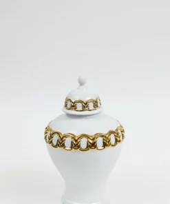 Inspire Me! Home Decor White Ceramic Ginger Jar With Stunning Gold Chain Details (3 Sizes)
