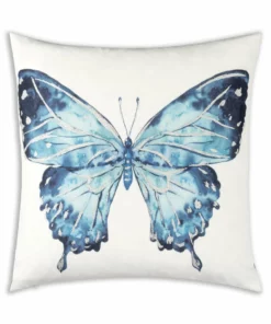 Cloud9d Ella - Digital Outdoor Printed Fabric Pillow In Blue Butterfly Print W/ Rose Gold Metallic Print - 18" X 18" PILLOWS, RUGS, & THROWS