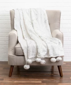 Cloud9d Rami - Faux Fur Throw W/ Silver Metallic Printing And Pom Pom Trim - 60" X 50"