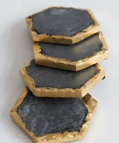 Inspire Me! Home Decor Charcoal Grey Marble Hexagon Coasters W/ Gold Edge