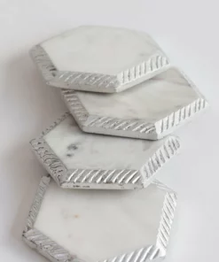 Inspire Me! Home Decor White Marble Hexagon Coasters W/ Silver Edge