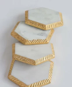Inspire Me! Home Decor White Marble Hexagon Coasters W/ Gold Edge