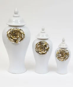 Inspire Me! Home Decor White Ginger Jar With Large Gold Flower Detail (3 Sizes)