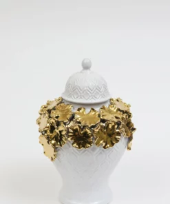 Inspire Me! Home Decor White Textured Ginger Jar With Gold Floral Design (3 Sizes)