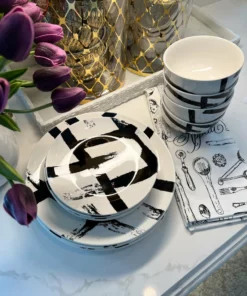Inspire Me! Home Decor 12 Piece Black Brush Stroke Dinnerware Set KITCHEN