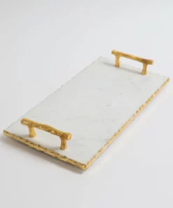 Inspire Me! Home Decor Rectangle Marble Tray With Gold Handles & Hammered Gold Edge