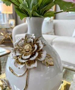 Inspire Me! Home Decor White Ceramic Vase With Gold Textured Flower Design