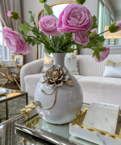 Inspire Me! Home Decor White Ceramic Vase With Gold Textured Flower Design