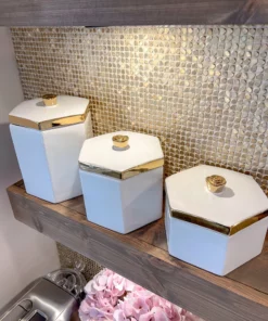 Inspire Me! Home Decor White And Gold Ceramic Jars With Lids (3 Sizes) 11 Inspire Me! Home Decor White And Gold Ceramic Jars With Lids (3 Sizes)