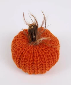Inspire Me! Home Decor SEASONAL Orange Crochet Pumpkin With Feathers And Wood Stem
