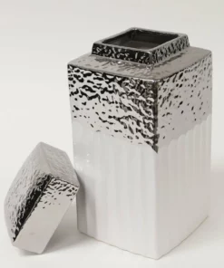 Inspire Me! Home Decor White Hammered Canister With Silver Border & Lid (3 Sizes) Gold