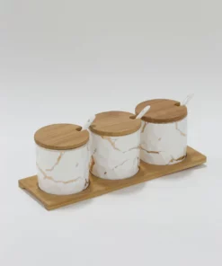 Inspire Me! Home Decor (Set Of 3) Metallic Gold Marble Print Spice Jars With Spoons And Wooden Lid With Tray