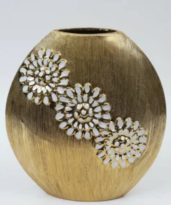 Inspire Me! Home Decor Round Textured Ceramic Gold Vase With White Flower Design (2 Sizes)