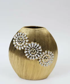 Inspire Me! Home Decor Round Textured Ceramic Gold Vase With White Flower Design (2 Sizes)