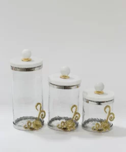 Inspire Me! Home Decor Gold Or Silver Metal Floral Glass Canisters With Marble Lid-With Metal Rim (3 Sizes) (2 Colors)
