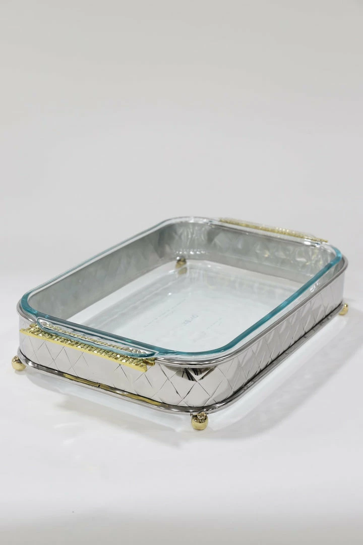 Inspire Me! Home Decor Silver Pyrex Holder With Gold Mosaic Handles And Pyrex 6 Inspire Me! Home Decor Silver Pyrex Holder With Gold Mosaic Handles And Pyrex