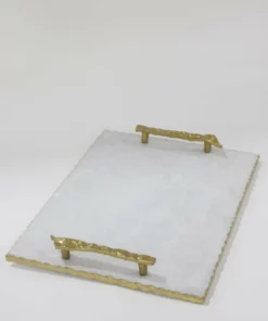 Inspire Me! Home Decor White Marble Tray With Gold Textured Handles And Edge