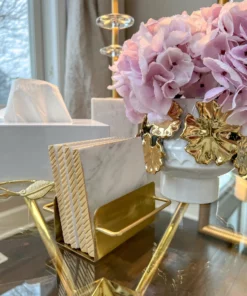 Inspire Me! Home Decor Square Marble Coasters With Gold Edge & Gold Metal Holder