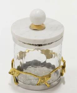 Inspire Me! Home Decor Gold Or Silver Metal Leaf Branch W/ Marble Ball Lid Canisters- With Metal Rim (3 Sizes & 2 Colors)