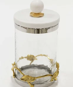 Inspire Me! Home Decor Gold Or Silver Metal Leaf Branch W/ Marble Ball Lid Canisters- With Metal Rim (3 Sizes & 2 Colors)
