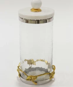 Inspire Me! Home Decor Gold Or Silver Metal Leaf Branch W/ Marble Ball Lid Canisters- With Metal Rim (3 Sizes & 2 Colors)