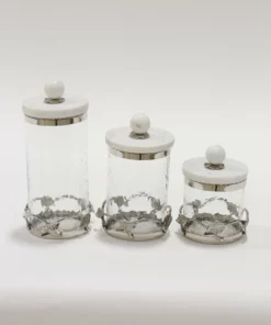 Inspire Me! Home Decor Gold Or Silver Metal Leaf Branch W/ Marble Ball Lid Canisters- With Metal Rim (3 Sizes & 2 Colors)