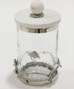 Inspire Me! Home Decor Gold Or Silver Metal Leaf Branch W/ Marble Ball Lid Canisters- With Metal Rim (3 Sizes & 2 Colors)
