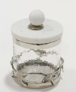 Inspire Me! Home Decor Gold Or Silver Metal Leaf Branch W/ Marble Ball Lid Canisters- With Metal Rim (3 Sizes & 2 Colors)