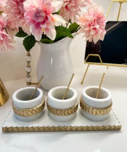 Inspire Me! Home Decor White Marble Condiment Tray With 3 Bowls & Golden Spoons
