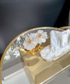 Inspire Me! Home Decor Gold Tissue Box Cover With White Jeweled Flower Details