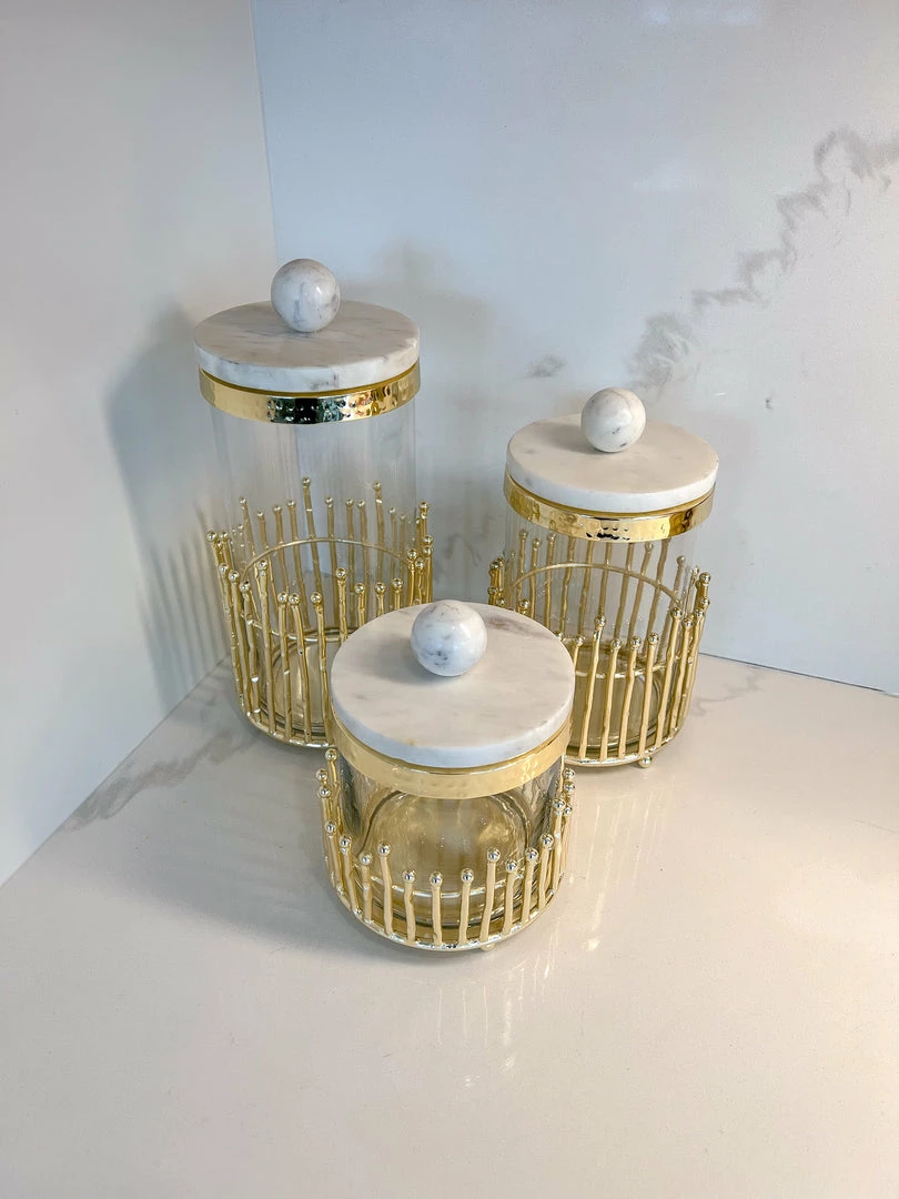Inspire Me! Home Decor Glass Canisters With Gold Linear Details (3 Sizes) 6 Inspire Me! Home Decor Glass Canisters With Gold Linear Details (3 Sizes)