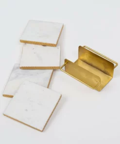 Inspire Me! Home Decor Square Marble Coasters With Gold Edge & Gold Metal Holder