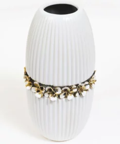 Inspire Me! Home Decor White Linear Ceramic Vase With Gold Floral Detail