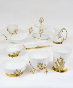 Inspire Me! Home Decor White Ceramic Two Tier Cake Stand With Gold Textured Details