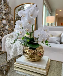 Inspire Me! Home Decor White Potted Faux Orchid In Gold Beveled Pot