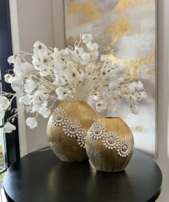 Inspire Me! Home Decor Round Textured Ceramic Gold Vase With White Flower Design (2 Sizes)