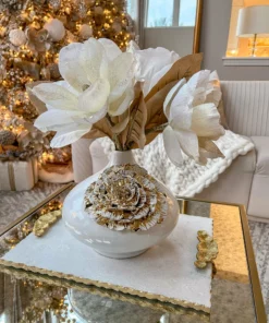 Inspire Me! Home Decor White Ceramic Vase With Gold Flower Design