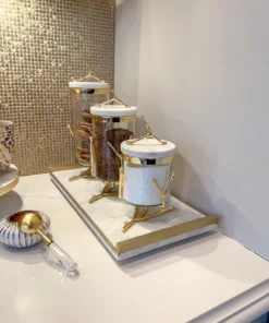 Inspire Me! Home Decor Rectangle Marble Tray With Gold Metal Handles And Gold Edge