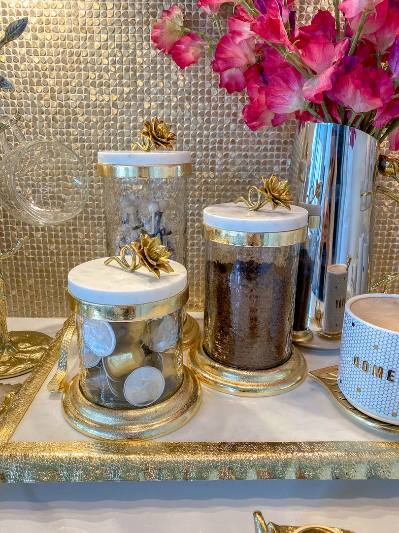 Inspire Me! Home Decor Gold Or Silver Canisters With Floral Lotus Lid (2 Colors) 5 Inspire Me! Home Decor Gold Or Silver Canisters With Floral Lotus Lid (2 Colors)