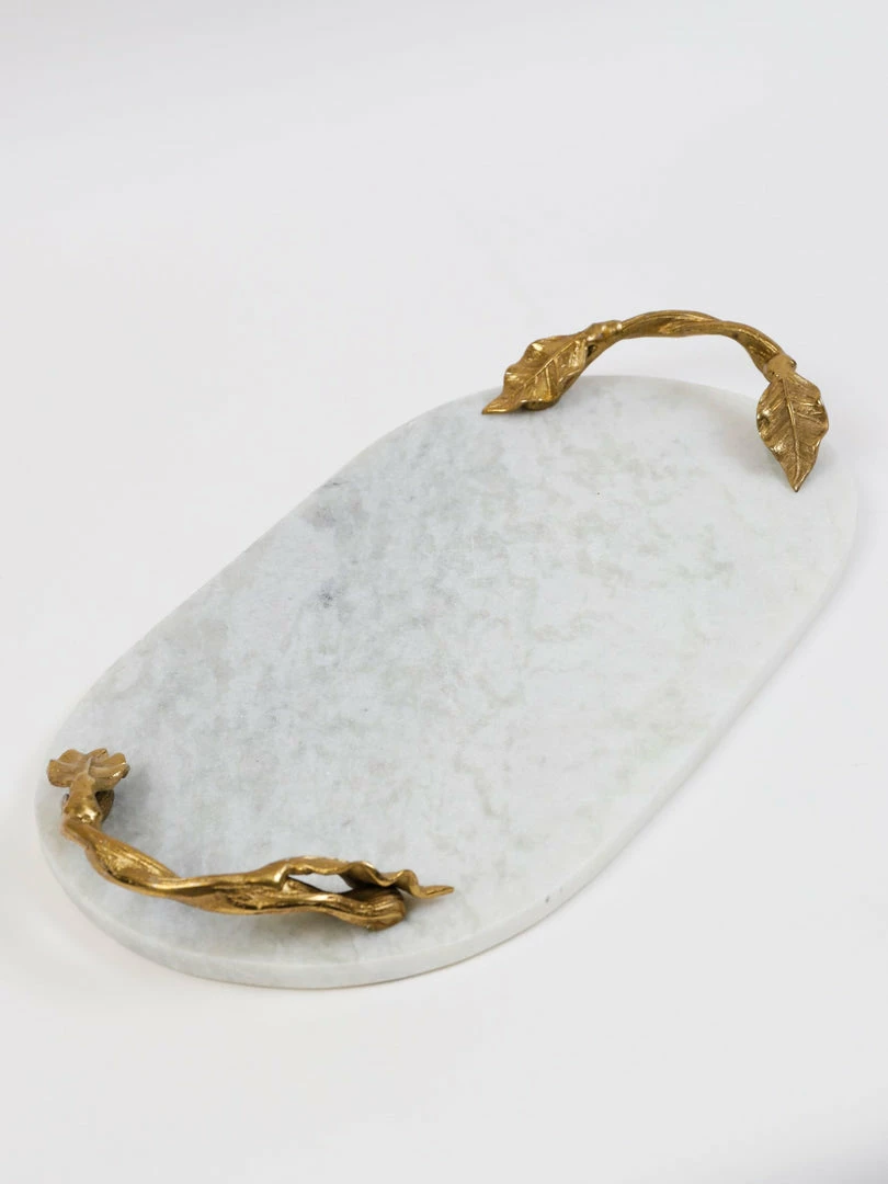Inspire Me! Home Decor White Marble Tray With Gold Leaf Handles 4 Inspire Me! Home Decor White Marble Tray With Gold Leaf Handles