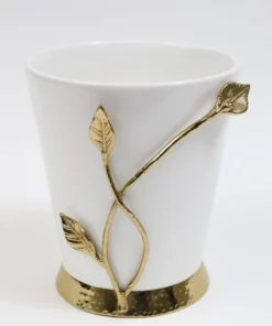 Inspire Me! Home Decor White Ceramic Utensil Holder With Gold Leaf Details & Base